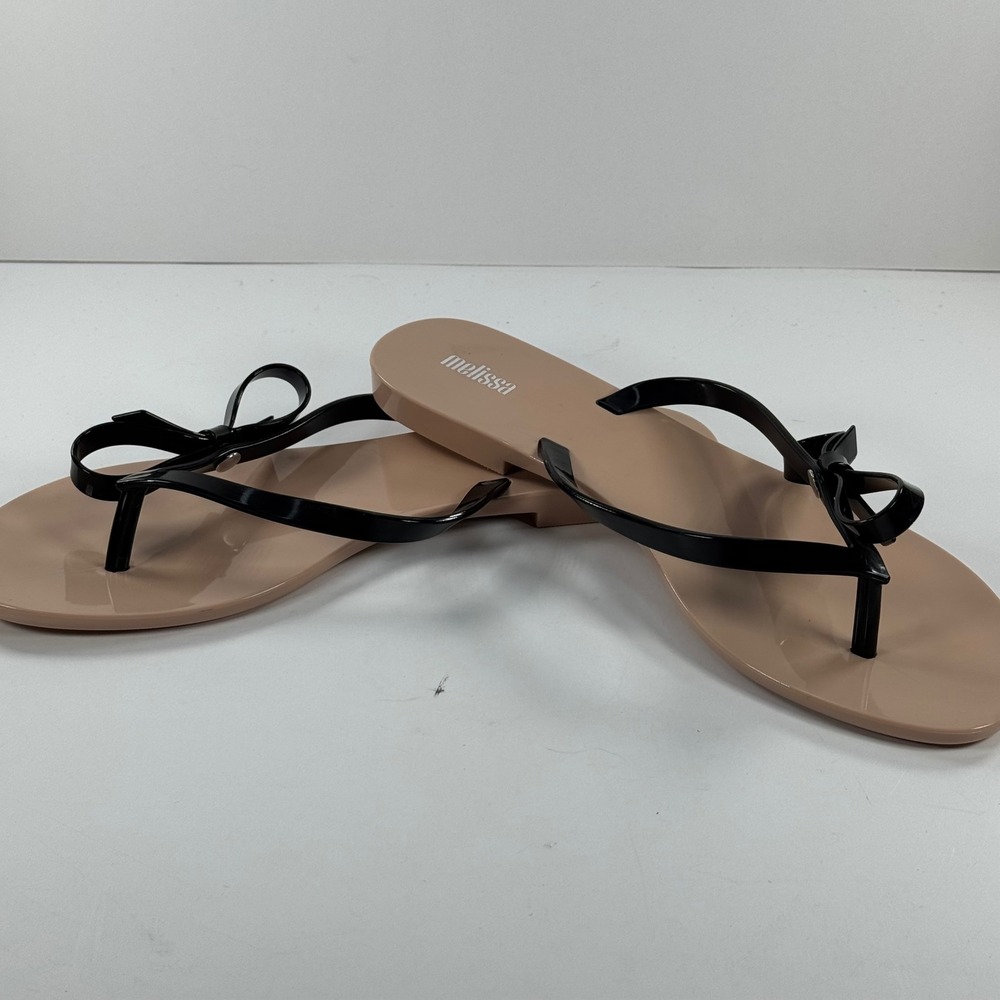 Melissa Harmonic Sweet Bow Thong Sandals Black Beige Vegan Jelly Flip Flops 10 - Picture 10 of 13